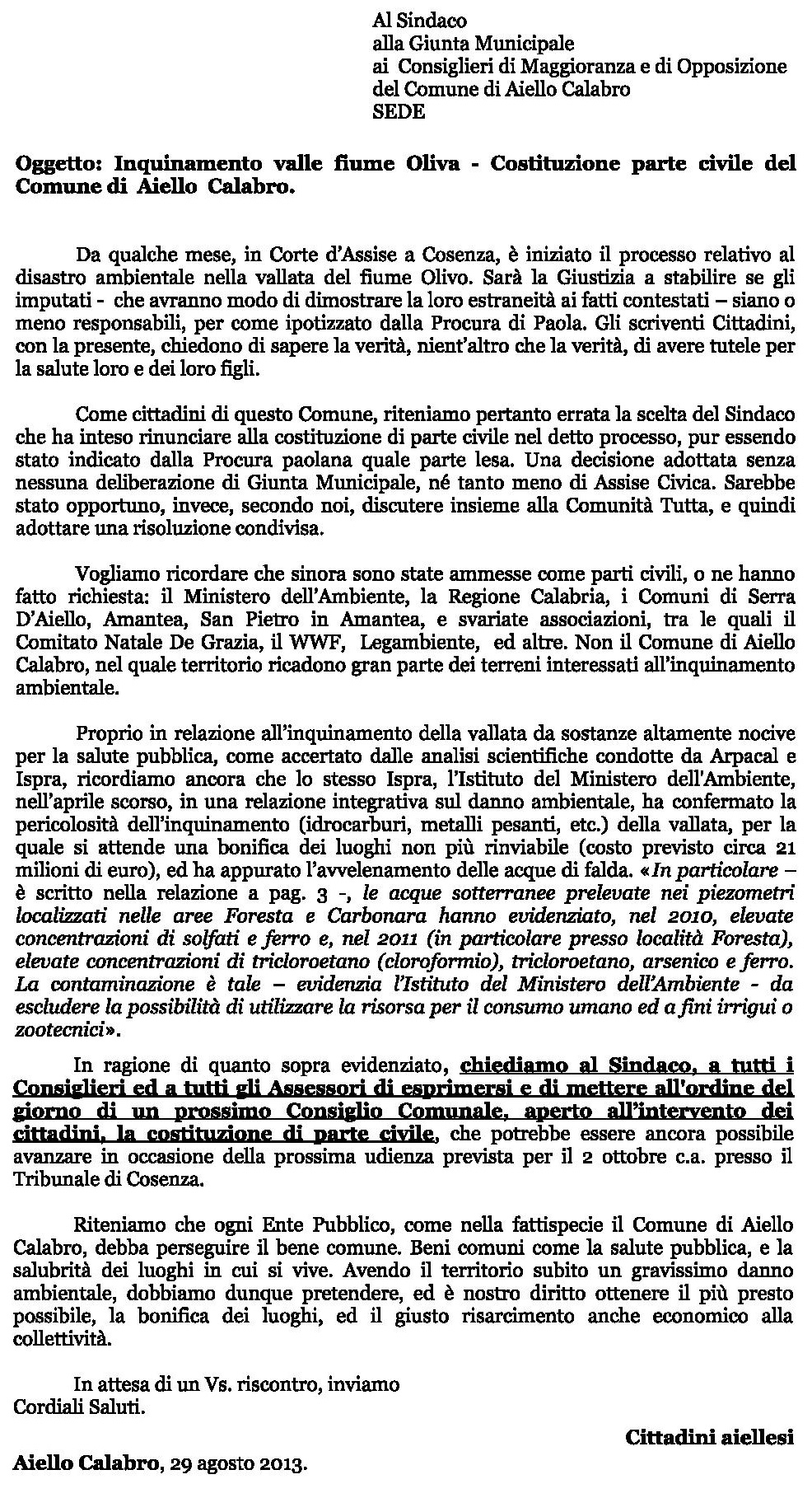 lettera al sindaco